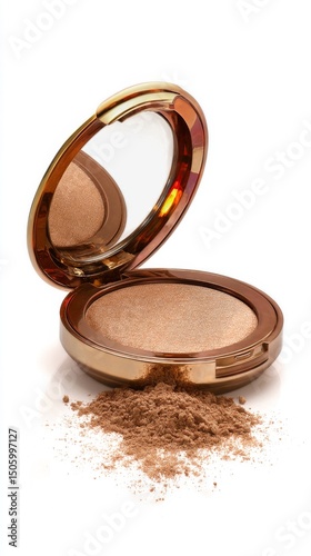 Bronzer Compact With Shimmer Effect and Loose Powder on White Background