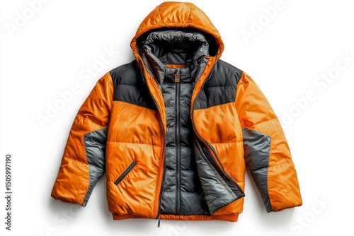 Warm Orange and Black Insulated Jacket Displayed on a Flat Surface for Winter...