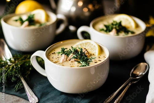 Creamy Lemon Chicken Soup Served in White Bowls on a Festive Table