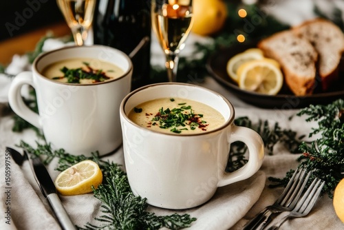 Cozy Winter Dinner With Creamy Soup and Sparkling Drinks on a Festive Table