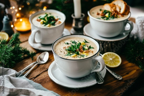 Cozy Winter Dinner With Creamy Soup and Sparkling Drinks on a Festive Table.