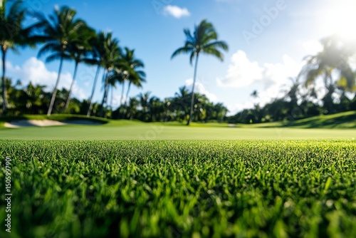 Lush Green Golf Course With Palm Trees on a Sunny Day in a Tropical Location