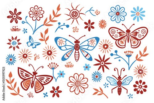 Whimsical collection of decorative floral elements butterflies and other insect designs.