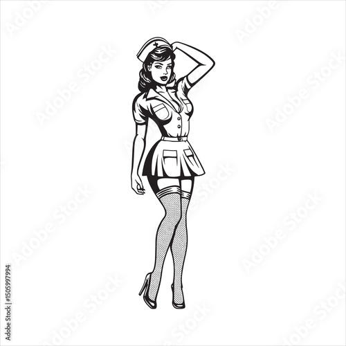 retro pinup nurse woman vintage black and white vector illustration