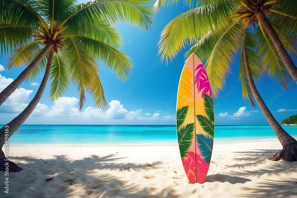 Naklejka premium Tropical Paradise with Surfboard: Beautiful Beach Scene with Palm Trees and Turquoise Water.