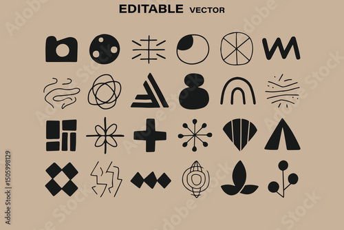 Collection of Twenty One Hand Drawn Abstract Shapes on a Light Brown Background in Editable Vector Format