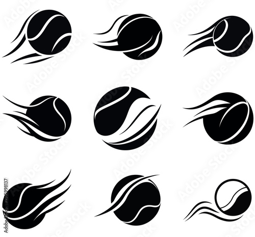 Tennis Ball Motion Icons Bundle – Set of 9 Black and White Dynamic Tennis Ball Illustrations