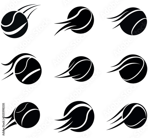 Tennis Ball Motion Icons Bundle – Set of 9 Black and White Dynamic Tennis Ball Illustrations