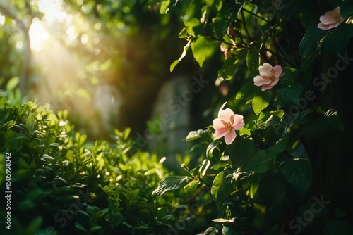 Pink Flowers Emerge Among Lush Green Leaves in a Tranquil Forest Setting Duri...