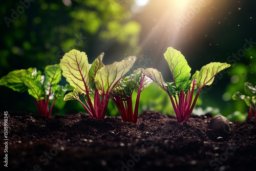 Freshly Sprouted Chard Growing in Rich Soil Under Sunlight in a Garden During...