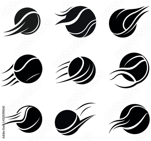 Tennis Ball Motion Icons Bundle – Set of 9 Black and White Dynamic Tennis Ball Illustrations