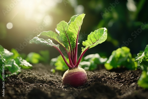 Freshly Harvested Turnip in a Garden Showing Lush Green Leaves Under Sunlight