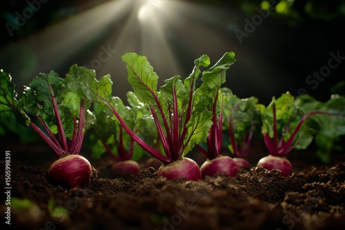 Freshly Sprouted Chard Growing in Rich Soil Under Sunlight in a Garden During...