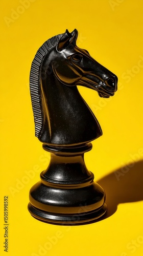 Black Chess Knight Piece Against Vibrant Yellow Background Creating Striking ...