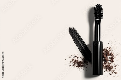 Black Mascara Tube With Brush and Makeup Residue on a Neutral Background