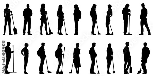 Cleaning silhouette icons holding vacuum and mop in various poses suitable for design projects
