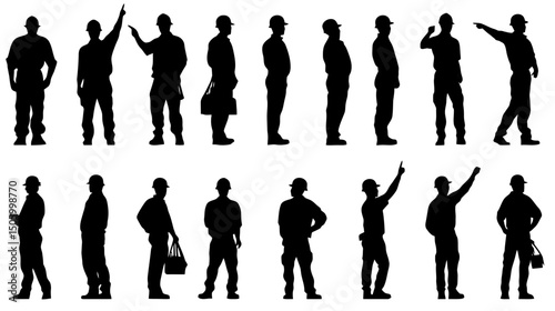 Construction worker silhouette set showing various poses and activities in a safe working environment