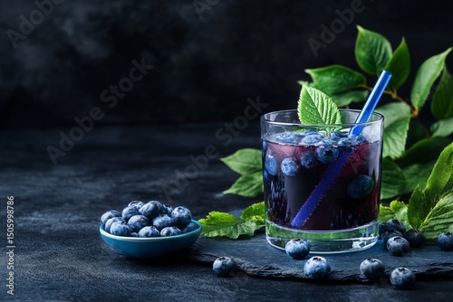 Refreshing Blueberry Beverage With Fresh Berries and Mint on a Dark Table Set...