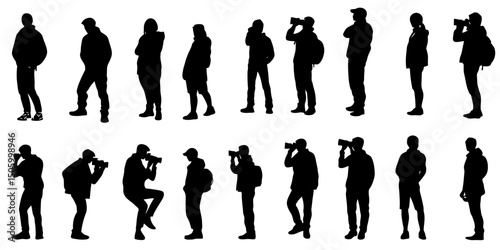 Photographer silhouettes captured in various poses with cameras during outdoor shooting sessions