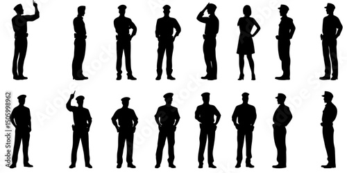 Diverse silhouettes of police officers showcasing various poses in a uniform set against a plain background