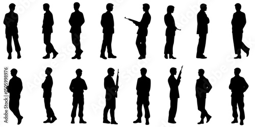 Silhouettes of soldiers in various poses and uniforms showcase military diversity and readiness in a unified design