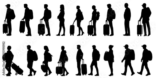 Silhouettes of travelers with luggage in various poses and movements, ideal for illustrating travel concepts