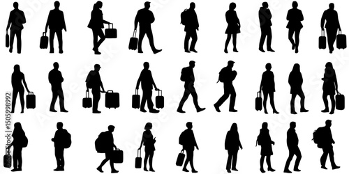 Silhouette icons of travelers holding suitcases in various poses showcasing a journey theme