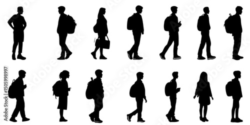 Silhouettes of students with backpacks walking and standing in various poses against a plain background