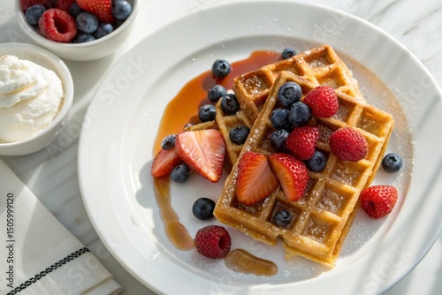 Fresh fruit waffles topped with juicy berries
