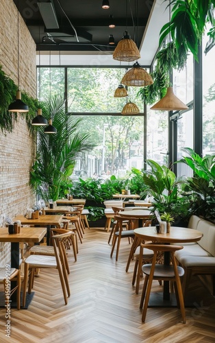Cozy Modern Cafe With Greenery and Natural Light During Daylight Hours