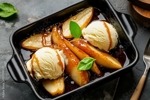 Pear Dessert With Vanilla Ice Cream and Caramel Sauce Served in a Dark Dish o...