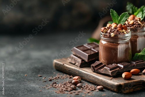 Chocolate Mousse Dessert Served With Nuts and Chocolate on a Wooden Board.