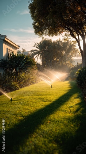 Sprinkler Watering a Lush Green Lawn Near a Charming House During Golden Hour.