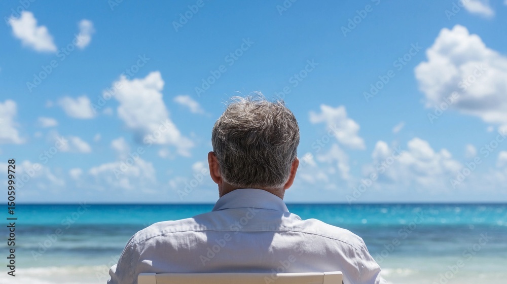 Fototapeta premium back view of a retired elderly man sitting at the beach symbolizing social security's goals of peace, stability, and dignity in retirement
