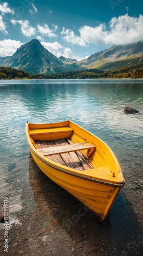 Bright Yellow Boat Rests by Serene Lake With Mountains in the Background Duri...