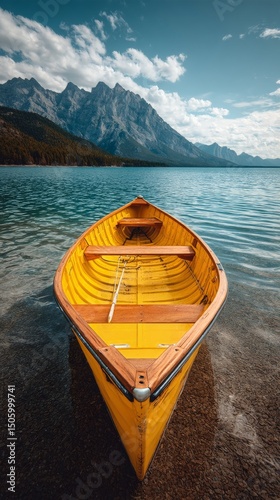 Vibrant Yellow Boat Resting on Clear Lake With Majestic Mountains in the Back...