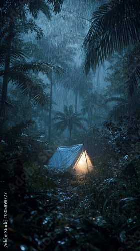 Tent Illuminated by Soft Light During Heavy Rain in a Dense Tropical Rainfore...