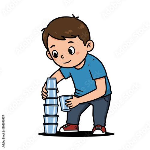 A young boy stacking plastic cups with a focused smile on his face, enjoying the activity