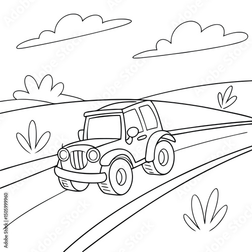 Cute Cartoon Truck driving on the road  coloring page for kids