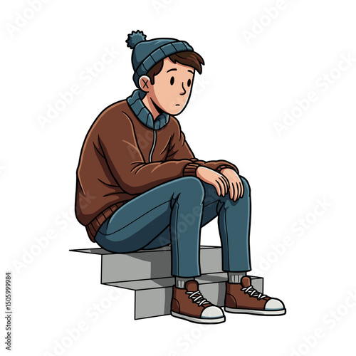 A thoughtful young man sitting on steps wearing a beanie and sweater, looking pensive