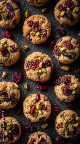 Delightful Cookies With Cranberries and Pistachios on a Slate Surface.