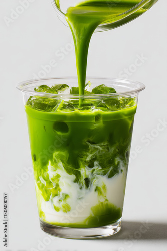 Iced matcha green tea latte being poured into clear plastic cup with ice, creating refreshing and vibrant drink