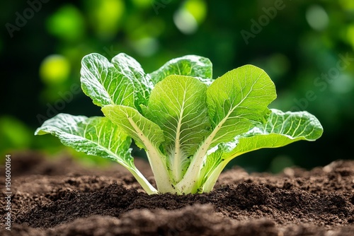 Fresh Romaine Lettuce Growing in Rich Soil Under Natural Sunlight in a Garden...