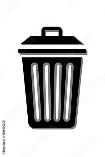 Minimalist Black and White Trash Can Illustration with Three-Dimensional Shadow Effect in Clean Icon Style