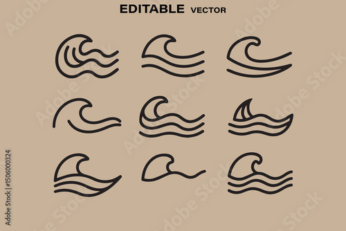 Collection of Nine Simple Water Wave Icons in Minimalist Style on a Beige Background