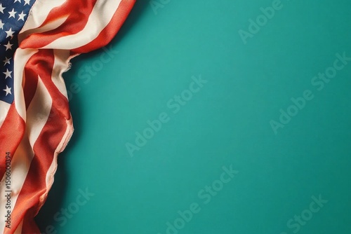 American Flag Draped on a Teal Surface Creating a Patriotic Visual Contrast