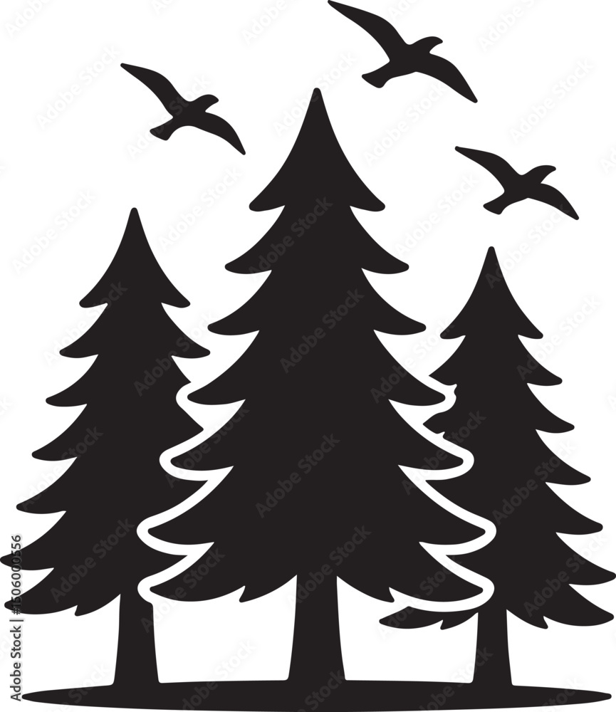 Obraz premium Silhouette vector of a forest with flying birds, symbolizing wildlife, nature freedom, peace, and environmental beauty.