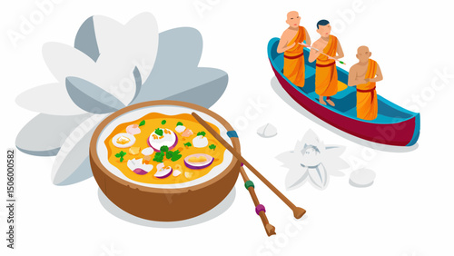 Aromatic golden curry nestled by serene lotus monks in a boat offering blessings vivid isometric