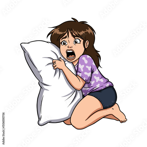 A frightened girl holding a pillow tightly, sitting up in bed with a terrified expression
