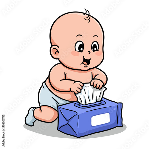 A happy baby pulling wipes from a pack with excitement, sitting on the floor
